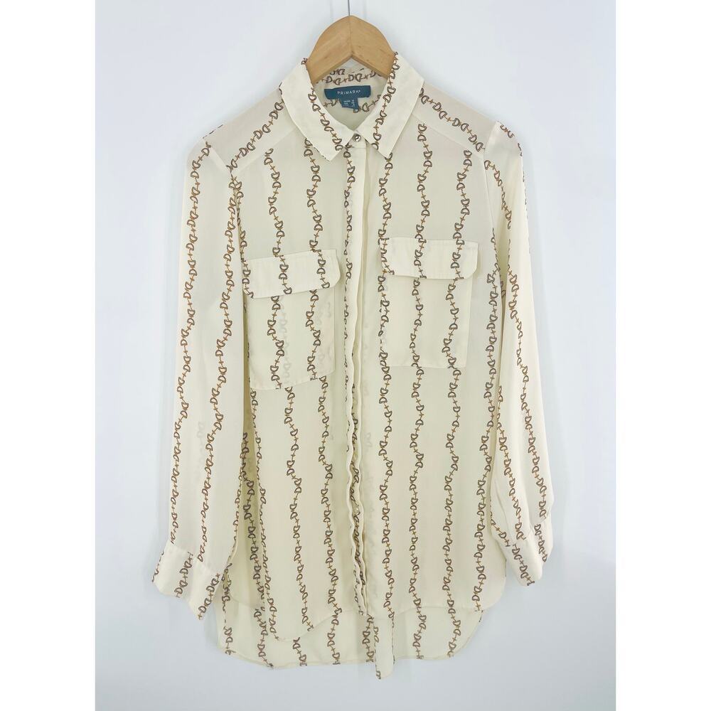 Equestrian Bridle Print Cream Blouse Gucci Hermes Inspired Drapey Button Down 8